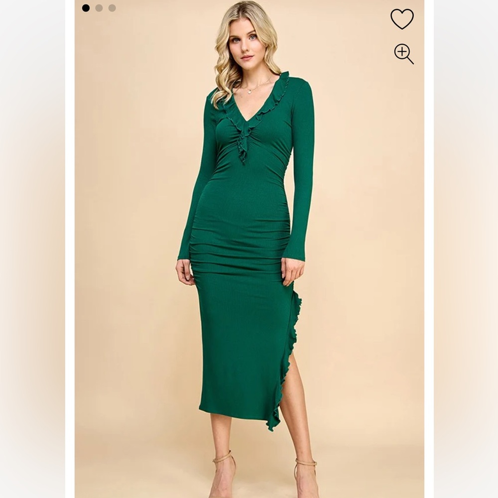 Forest Green Ruffle Ruched Long Sleeve Maxi Dress